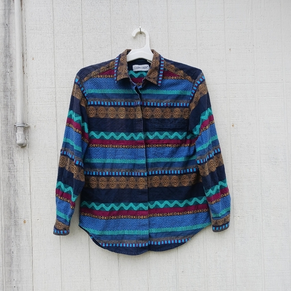 Cabin Creek Tops - Cabin Creek Woven Blue Aztec, Western Long Sleeve Button Up Womens Sz Small